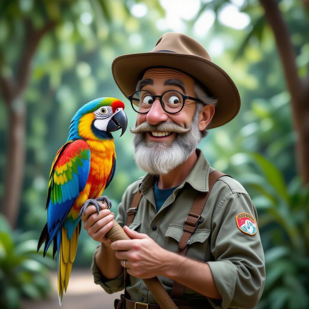 Zookeeper and Parrot Caricature on Stage in HDR