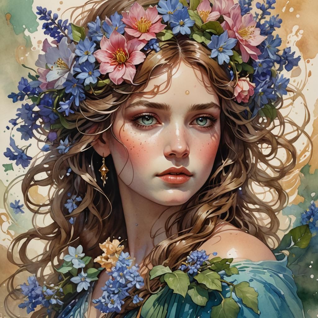 Anthousai: Flower Nymph in Watercolor Style