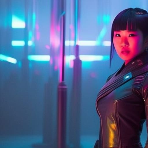 Hipster Asian Woman in Cyberpunk Neon City