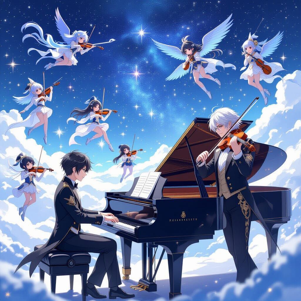 Young Pianist and Old Violinist Among Stars in 3D Anime Styl...
