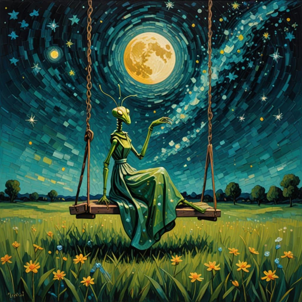 Anthropomorphic Mantis Gazing at the Moon