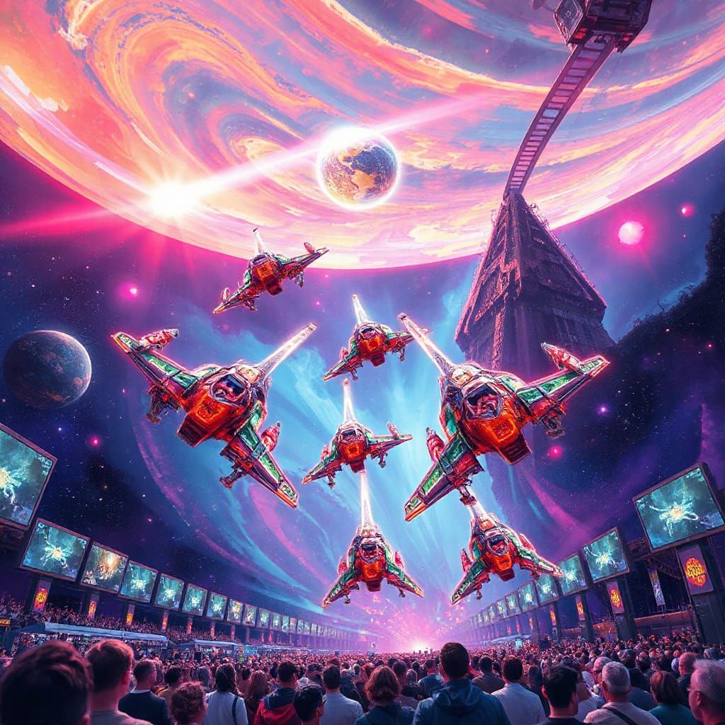 Neon Spaceships Race Through Kaleidoscopic Space