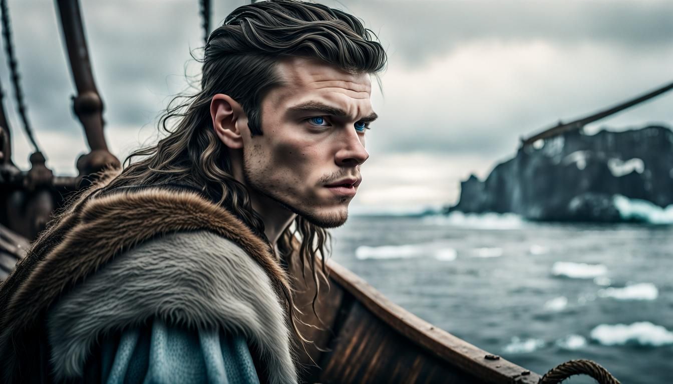 Young Viking Warrior on Longship in Hyperrealism