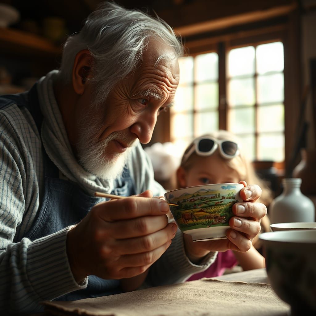 Craftsman Painting Landscape on Porcelain Teacup