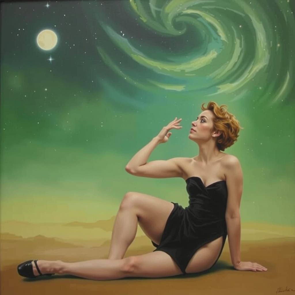 Woman Under Fluorescent Sky, Oil Painting