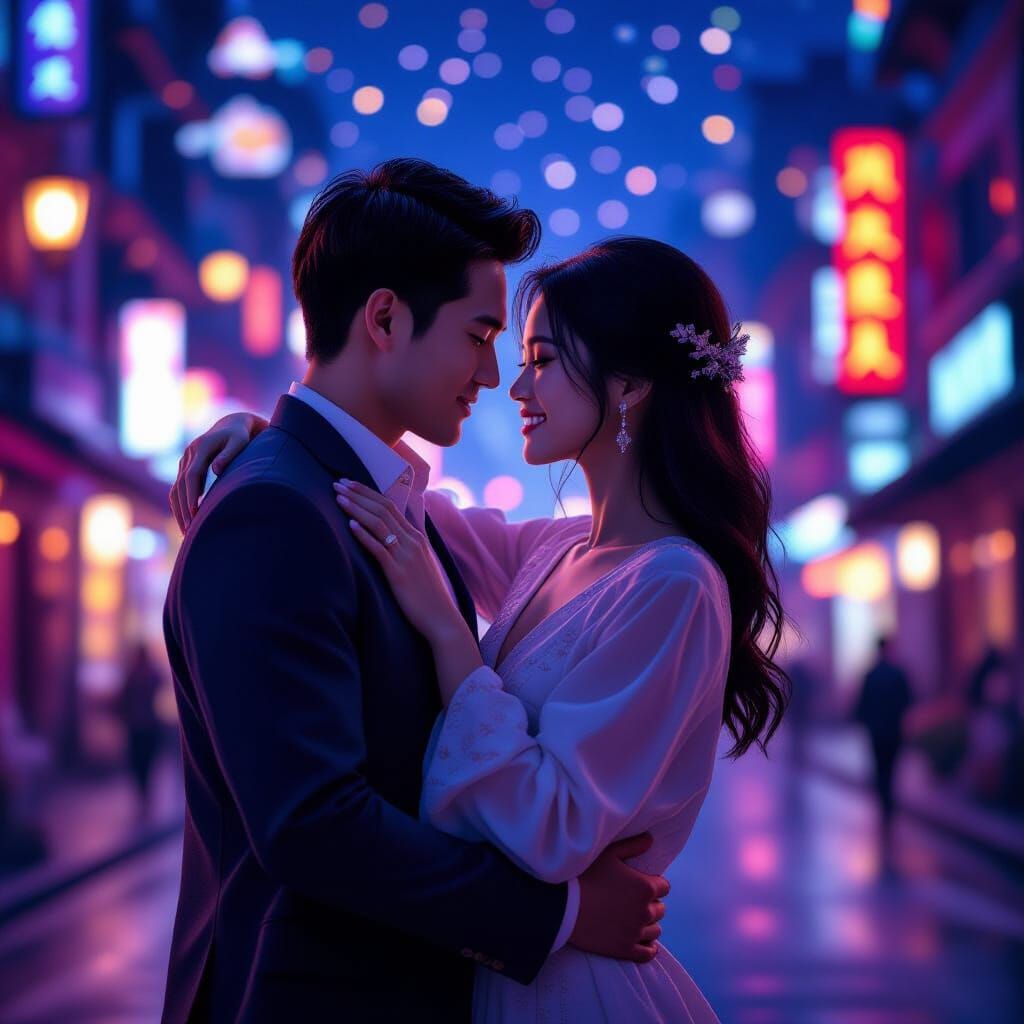 East Asian Couple Embrace in Glowing Cyberpunk City