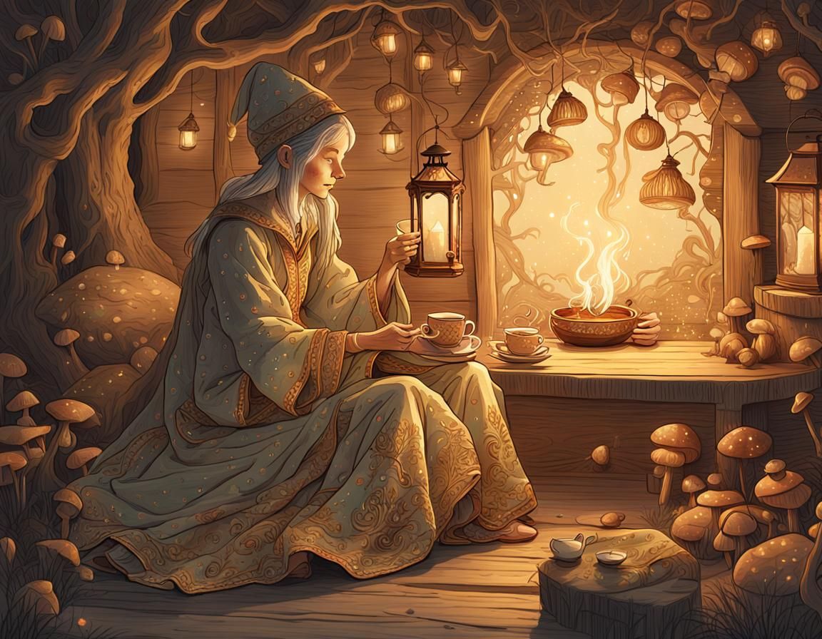Fantasy Elf in Whimsical Tea-Time Scene