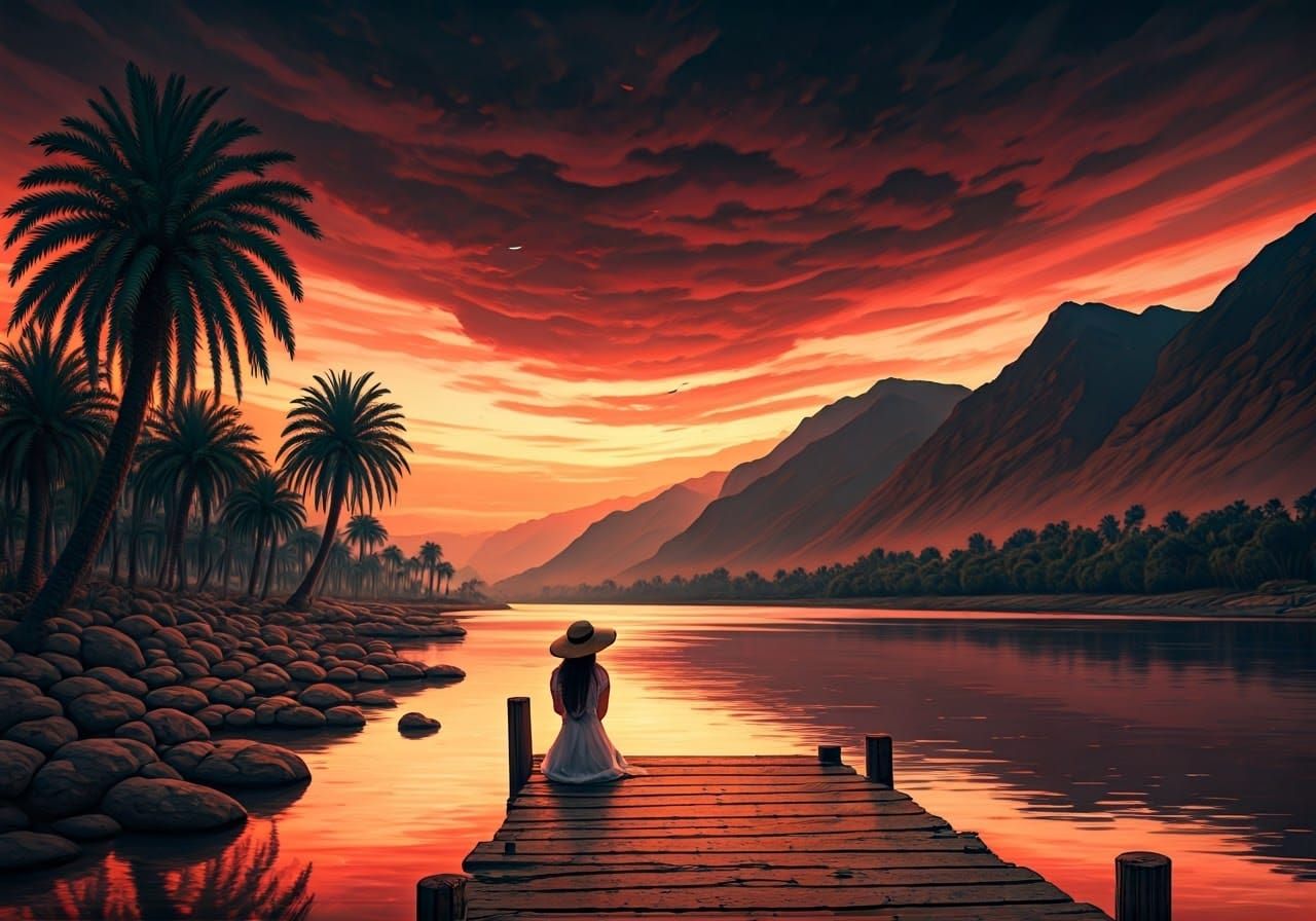 Tranquil Woman at River's Edge in Dreamlike Landscape