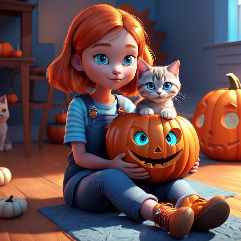 Whimsical Girl with Pumpkin and Kitten in 3D Animation Style