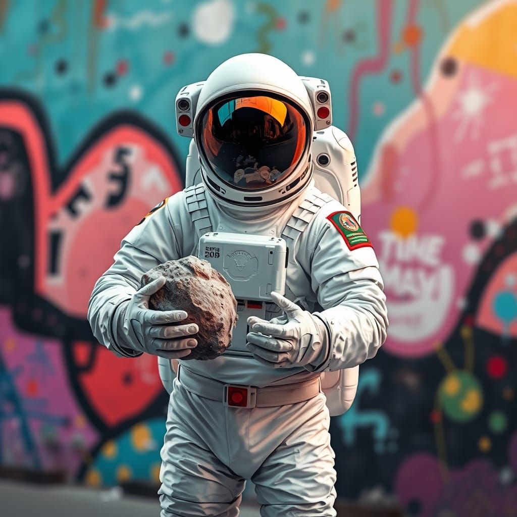 Surreal Astronaut Portrait in Vibrant Mural Style