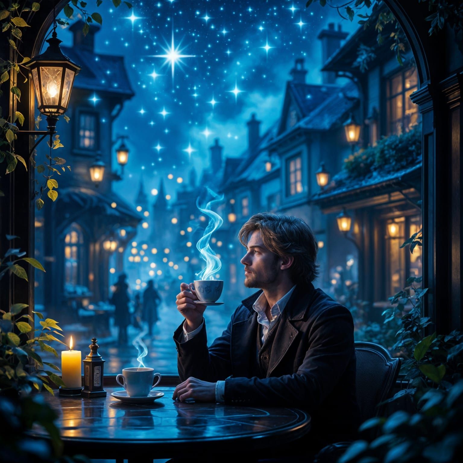 Ethereal Cafe Scene with Floating Candles and Glowing Coffee
