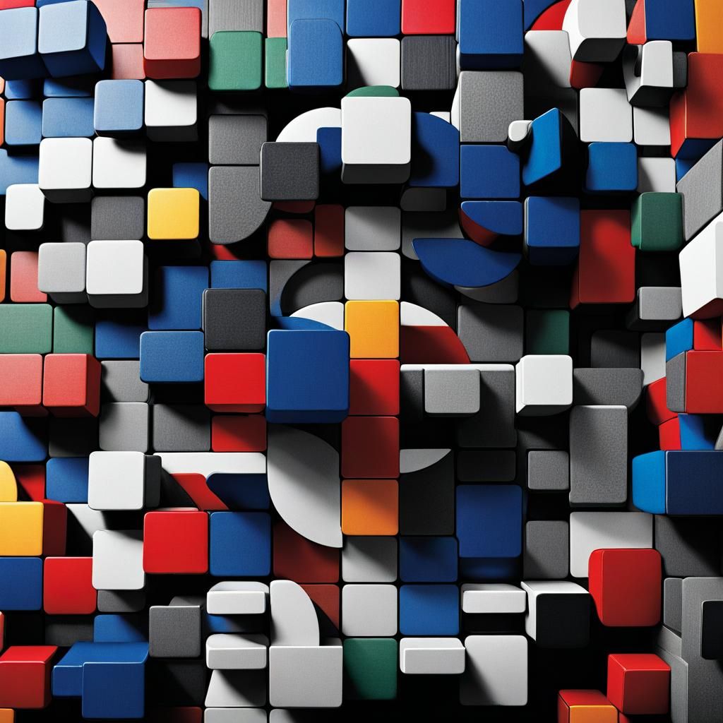 Surreal Puzzle Pieces and Rubik's Cube in Color Drawing