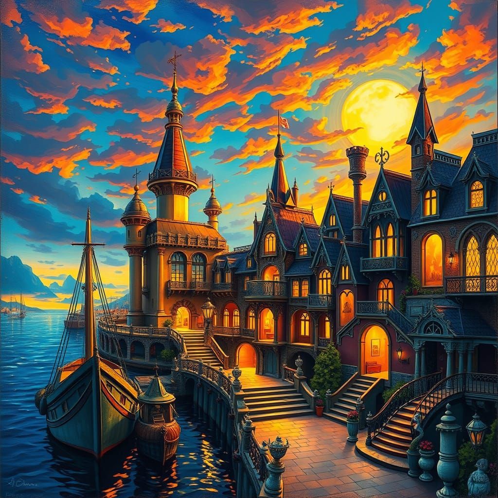 Whimsical Sunset Port in Dreamlike Fantasy Style