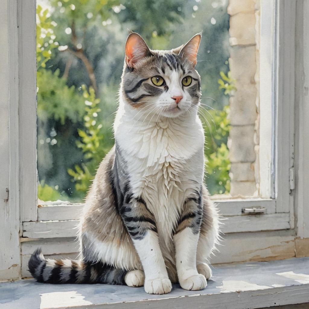 Grey Tabby Cat at Window, Watercolor Painting