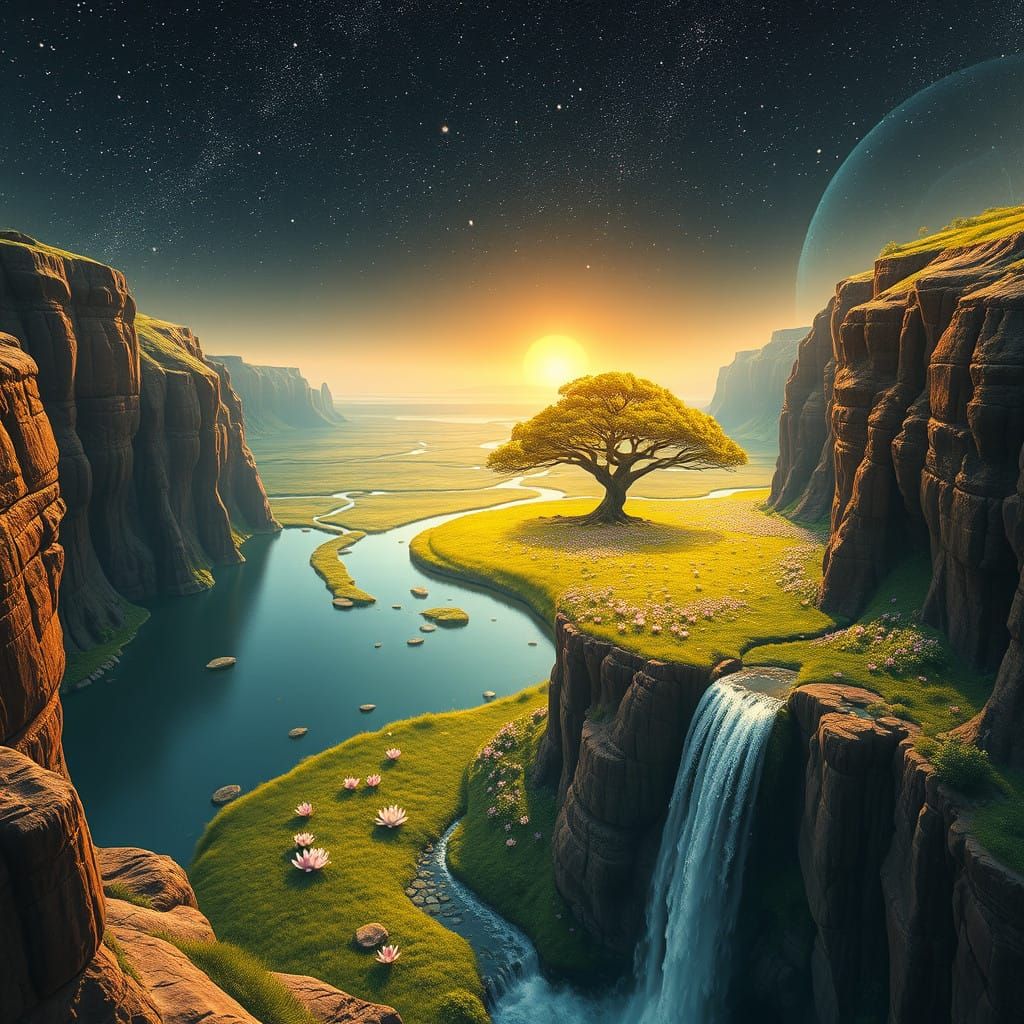 Ethereal Landscape Unfolds on Vast, Flat Earth with Celestia...