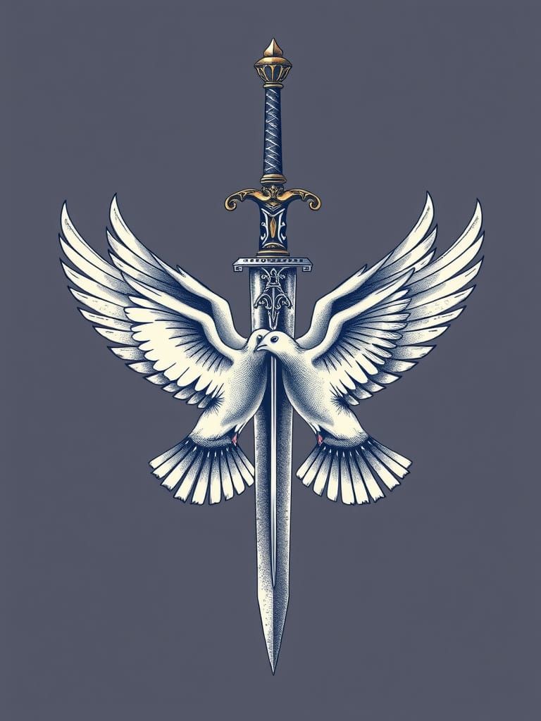 Serene Doves with Ancient Sword in Tattoo Design
