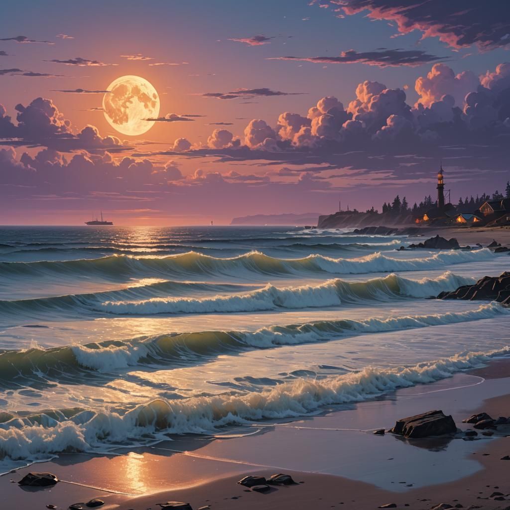 Moonrise Over Calm Shore: Fantasy Landscape Art