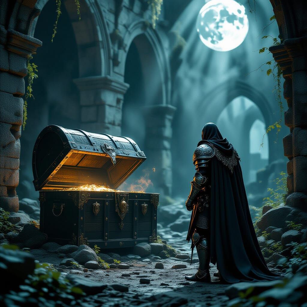 Knight Guards Ancient Treasure in Gothic Ruins by Moonlight