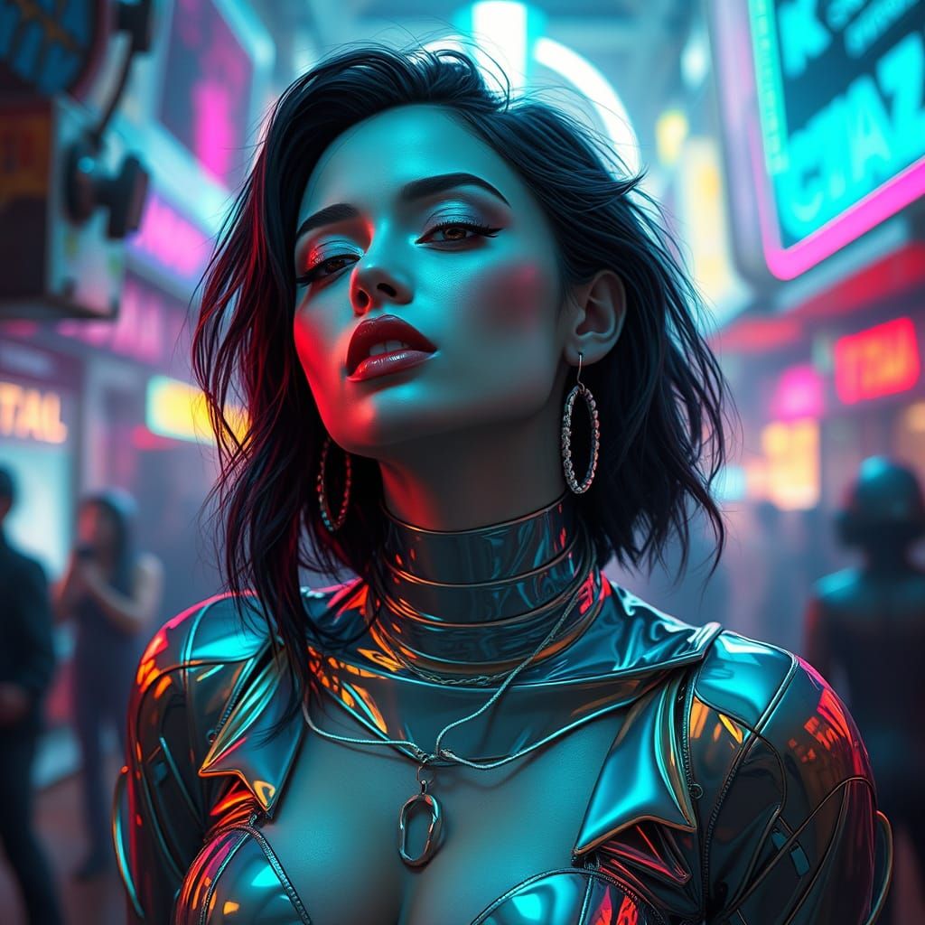 Futuristic Woman in Neon Cyberpunk Worship Scene