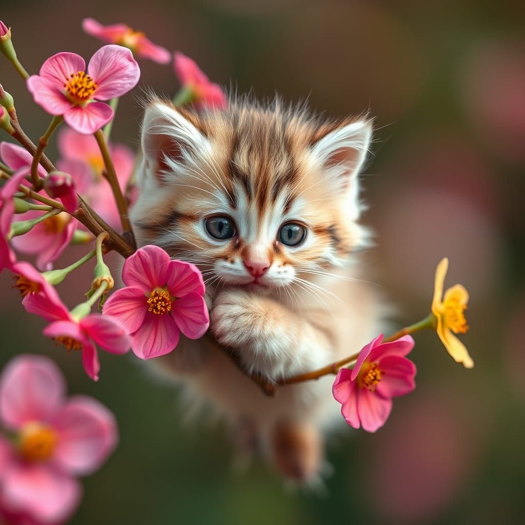 Tiny Kitten with Flowers, Professional Photography