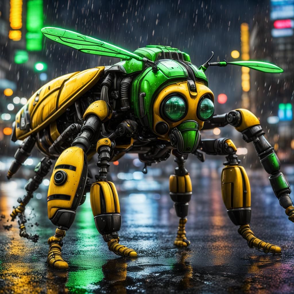 Green-Eyed Bumblebee in Rainy City, Photorealistic Sci-Fi