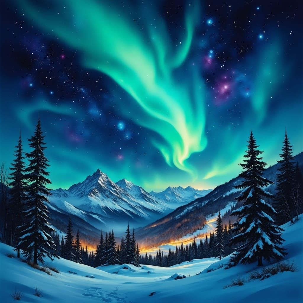 Winter Night Mountain Scene with Northern Lights Galaxy