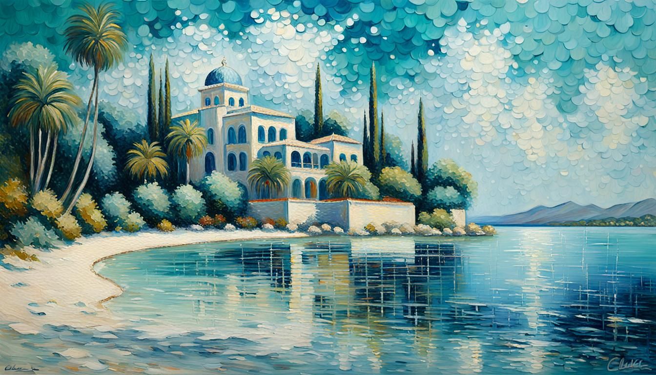 Mediterranean Palace on Sparkling Beach as Impasto Painting