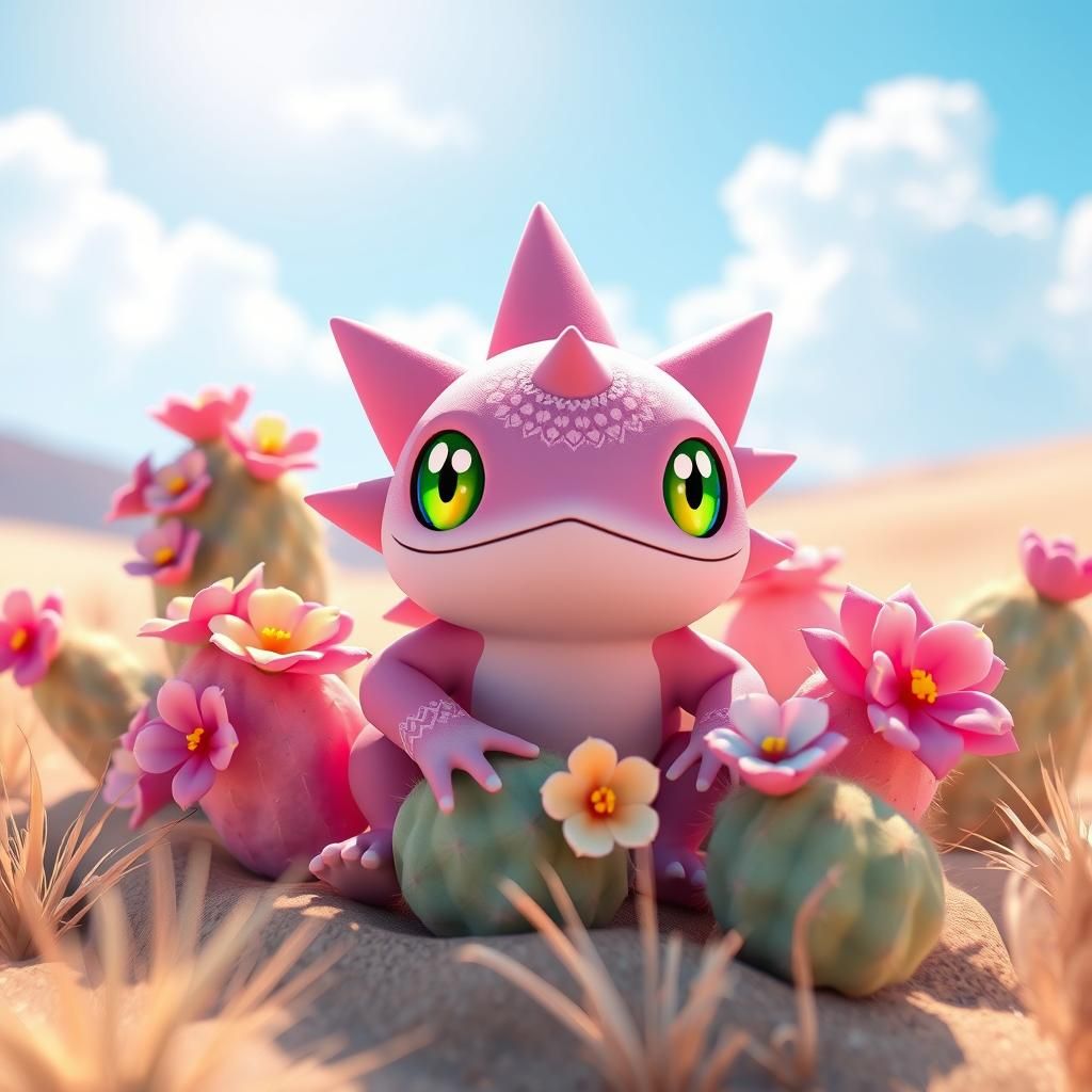 Pink Bullfrog Fakemon in Desert, Pokémon-style 3D Render