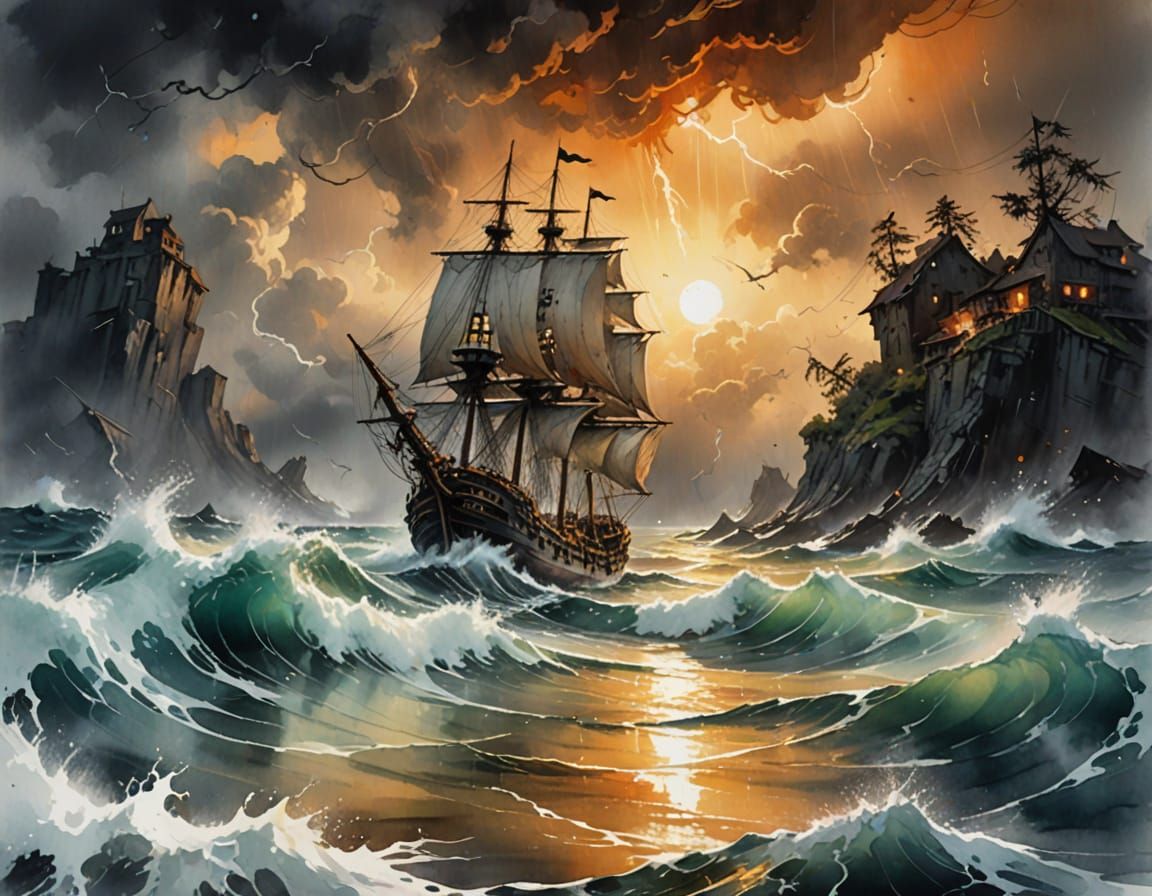 Galleon vs Kraken: Digital Matte Painting at Midnight