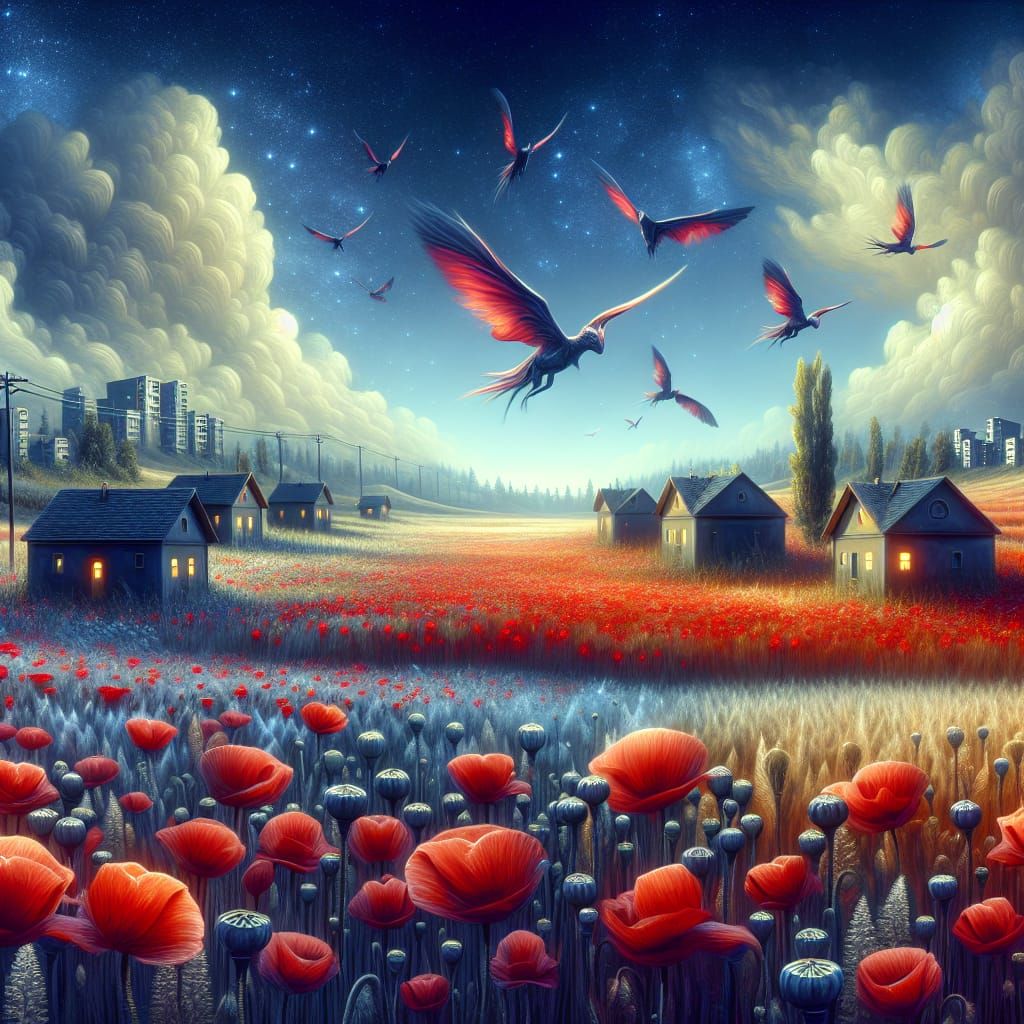 Dreamscape: Field of Houses with Winged Creatures