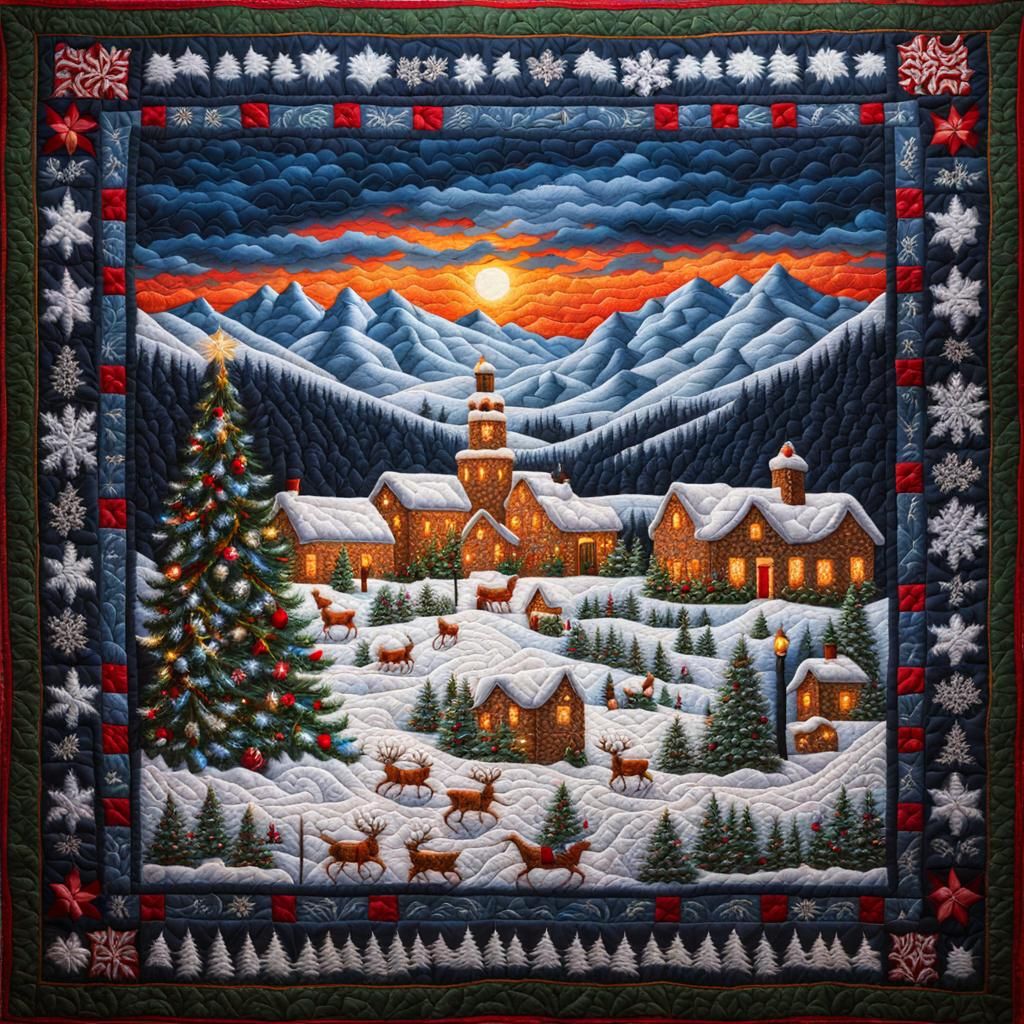 Vibrant Embroidered Christmas Quilt with Holiday Border
