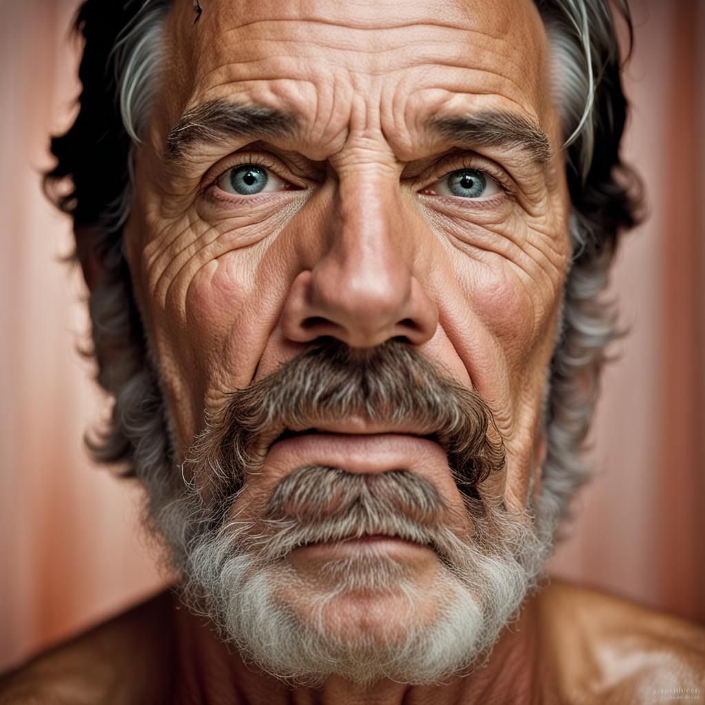 Close-Up Portrait of a Hairy Man in Shower