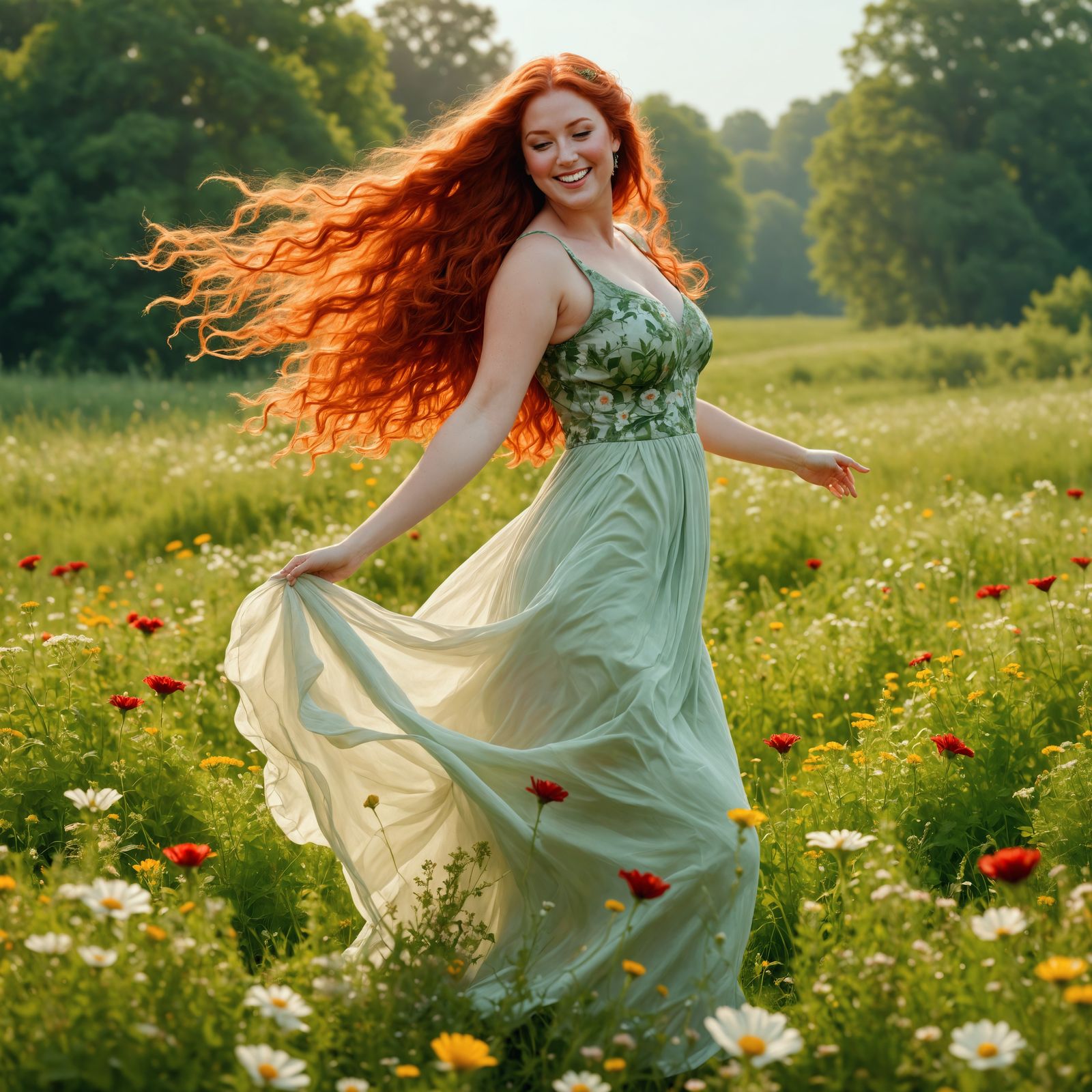 Rubenesque Beauty Dances in a Lush Green Field