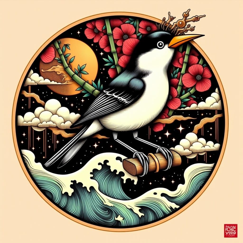 <lora:AlternaInk:1.0>circular frame. Woodcut. A Japanese-inspired tattoo design featuring a black capped chickadee would...
