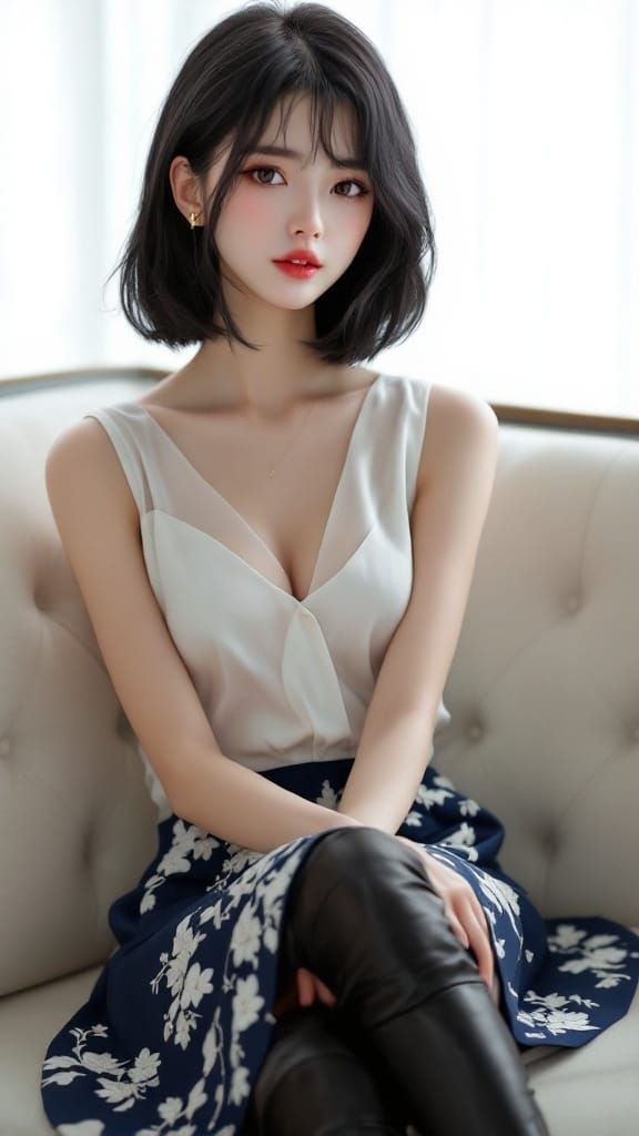 Anime Portrait of Woman in Silk Blouse and Skirt