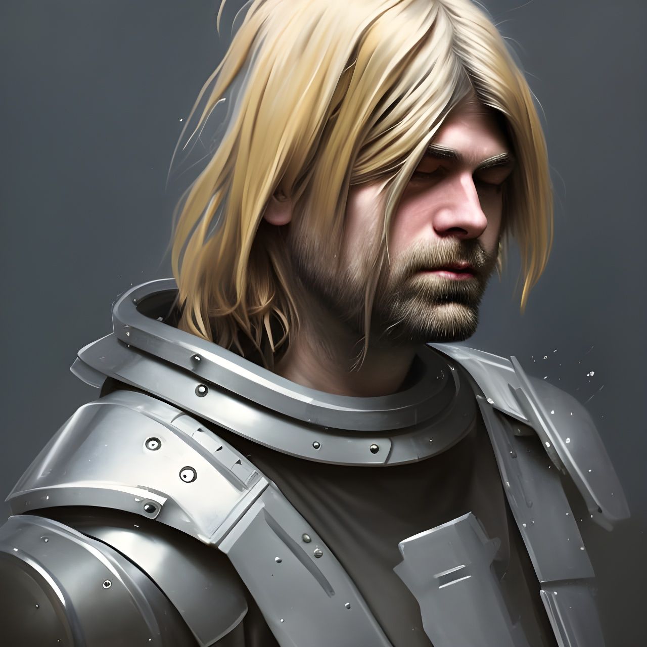 Photorealistic Kurt Cobain in Riot Armor, 8K Portrait