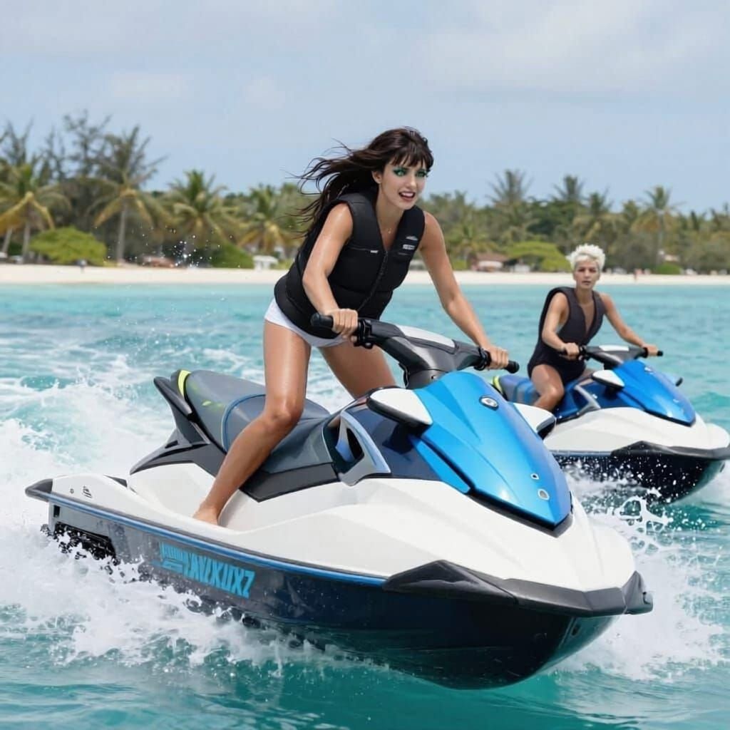 Women on Jet Skis Leap Over Caribbean Water