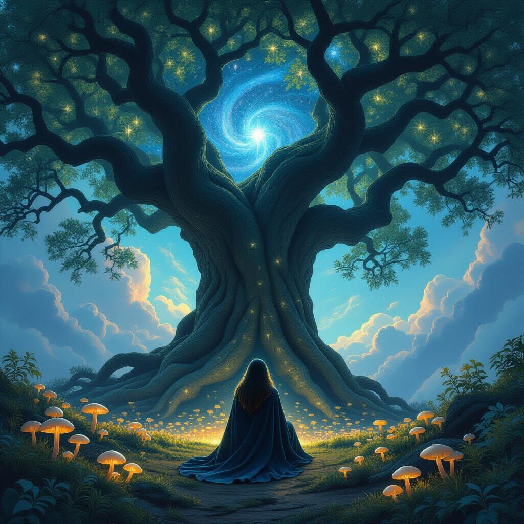 Woman Under Nebula Oak Tree as Matte Painting