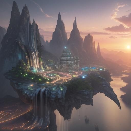 Futuristic City on Floating Mountain: CGI Masterpiece