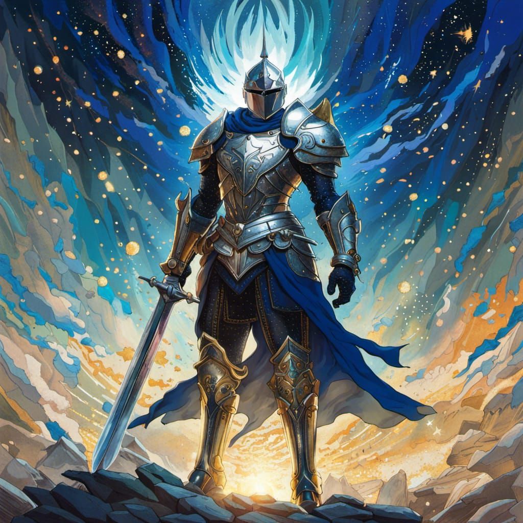 Triumphant Knight with Silver Explosions in Cel-Shaded Style