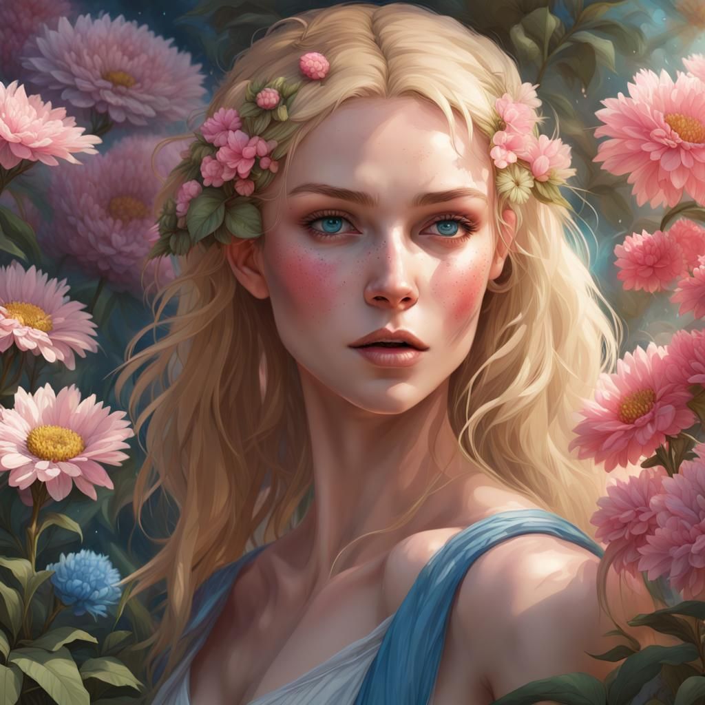 Blonde Woman in Secret Garden, Hyperdetailed Portrait