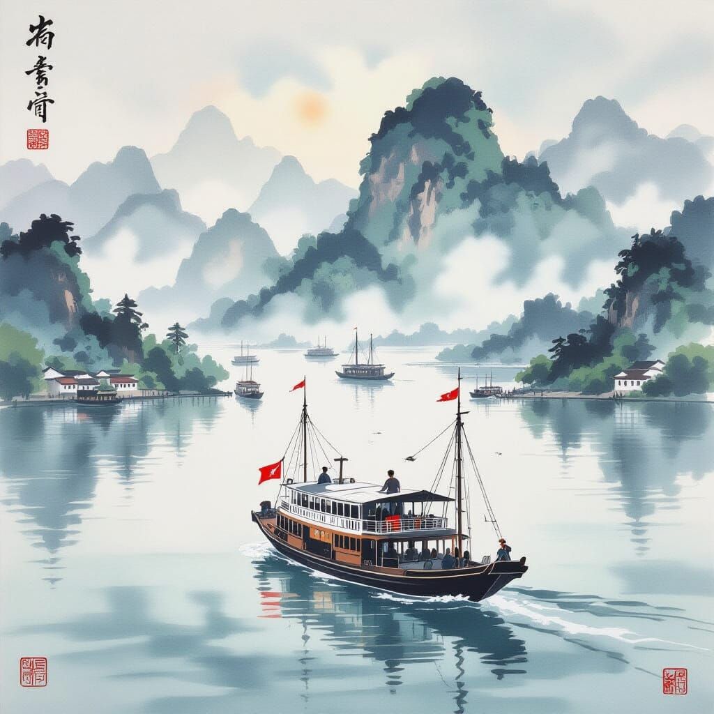 Star Ferry in Victoria Harbour: Chinese Painting Style