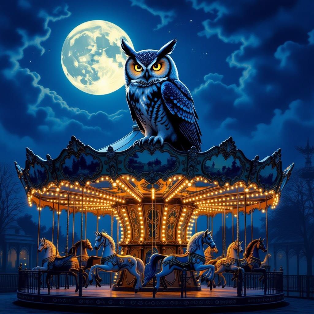 Clockwork Owl on Carousel in Moonlit Victorian Fairground