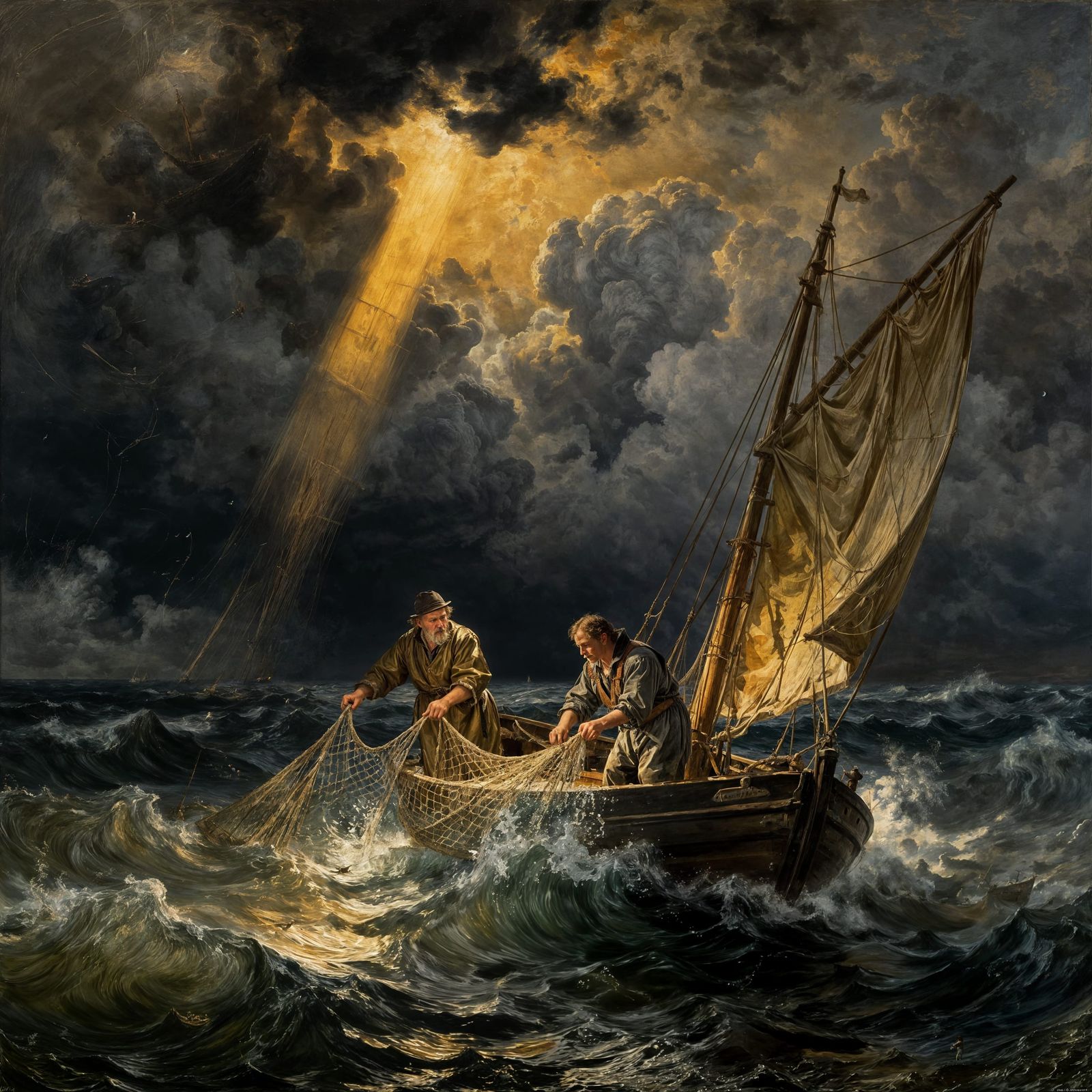 Dutch Golden Age Seascape: Fishermen Casting Nets on Dramati...