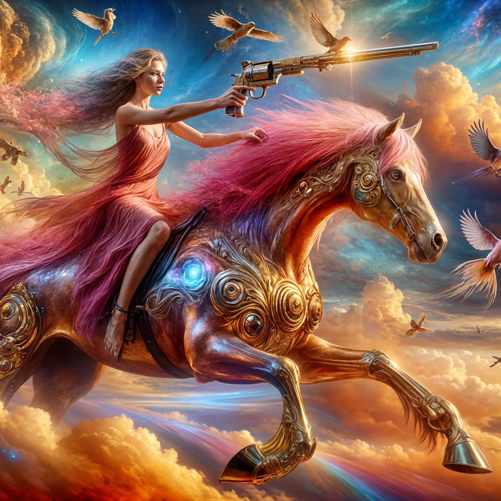Woman on Pink Horse with Golden Gun