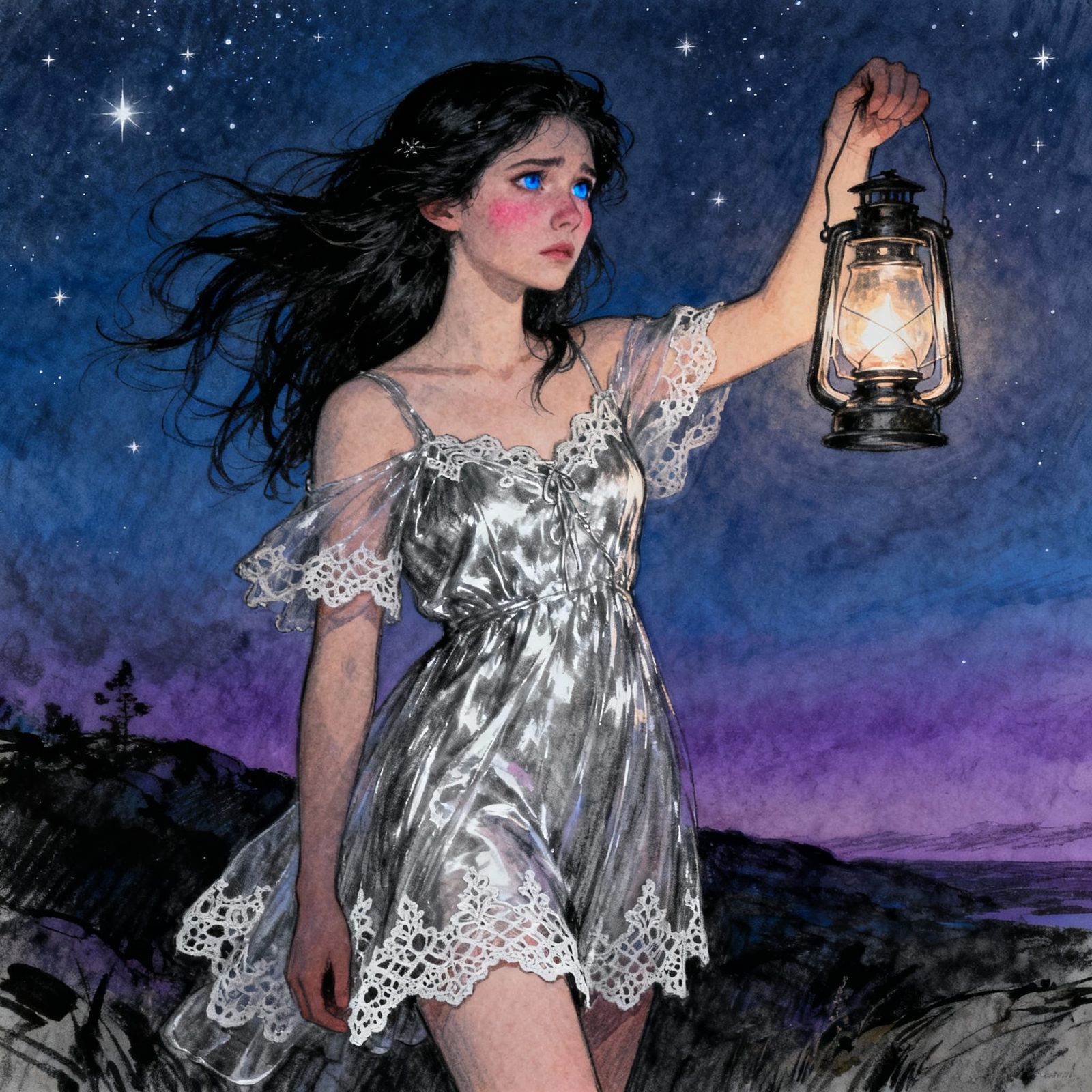 Norse Goddess Holding Lantern in Moody Fantasy Scene