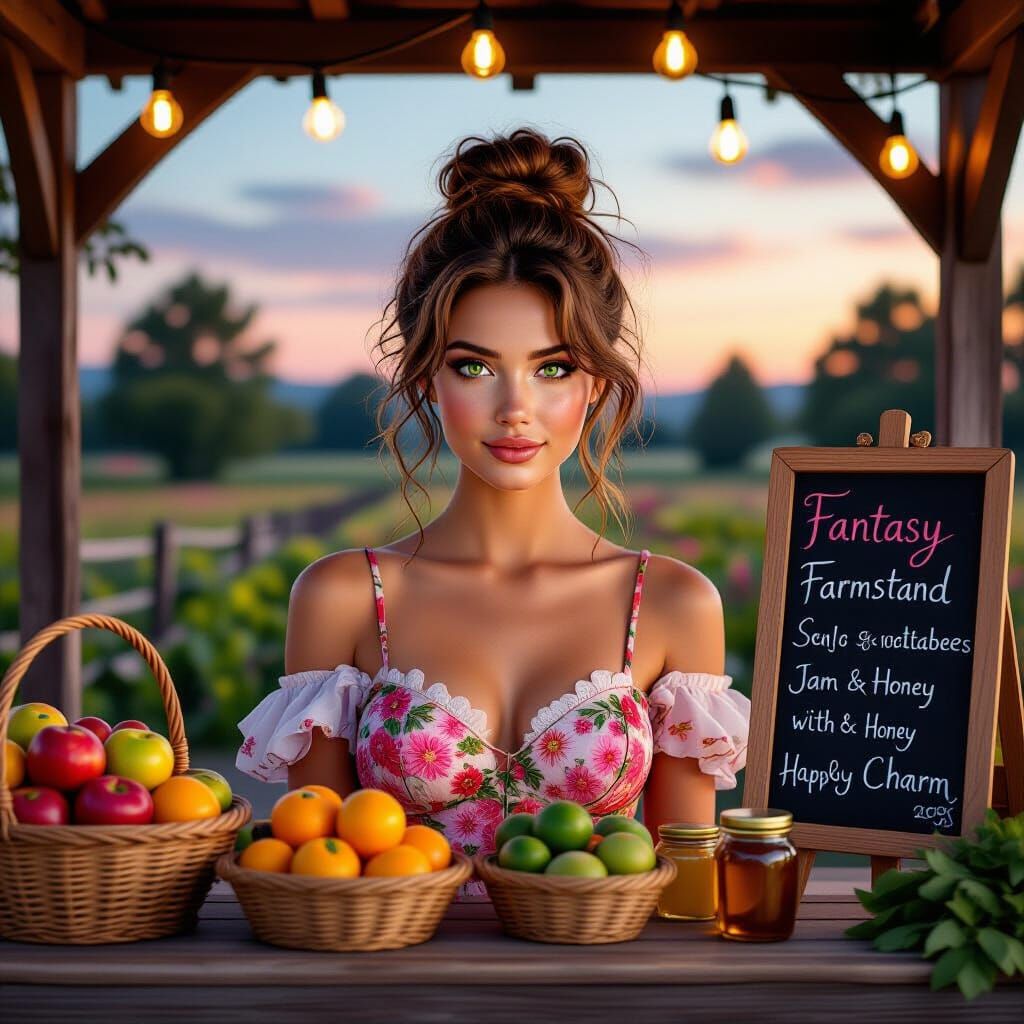 Fantasy Fairy Running a Farmstand at Dusk