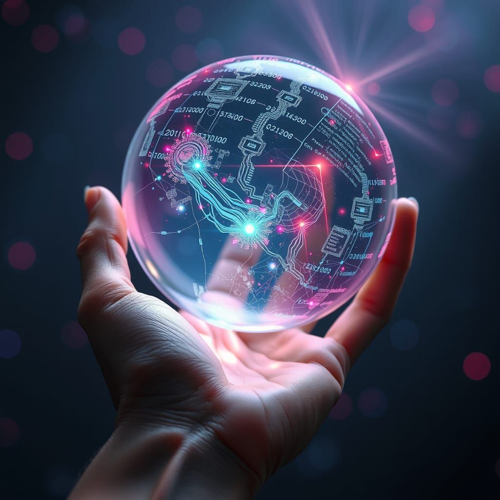 Cybernetic Hand Holding Orb of Code in Neon Futurism