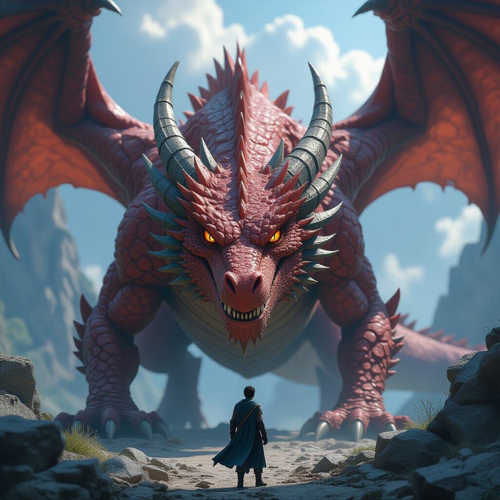 Adventurer Faces Giant Dragon in Detailed 3D Anime Art