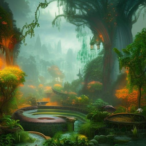 Enchanted Library with Lush Plants: Fantasy Concept Art